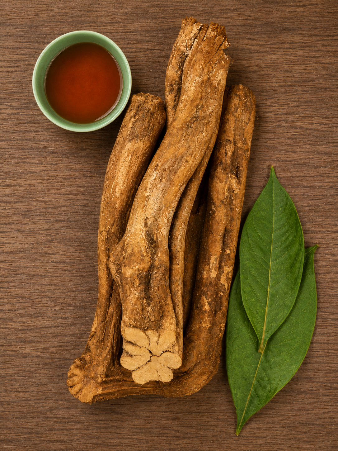 Dark herbal decoction liquid in a ceramic bowl surrounded by botanical leaves and wood bark specimens