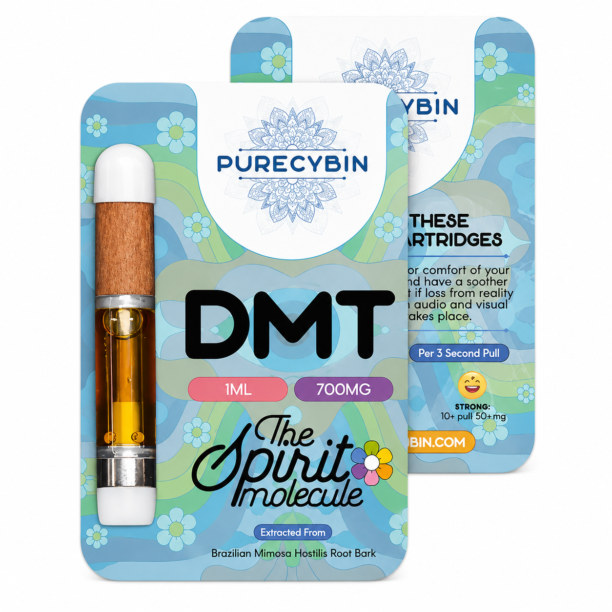 Purecybin model one milliliter seven hundred milligram clear glass oil cell with a ceramic tip